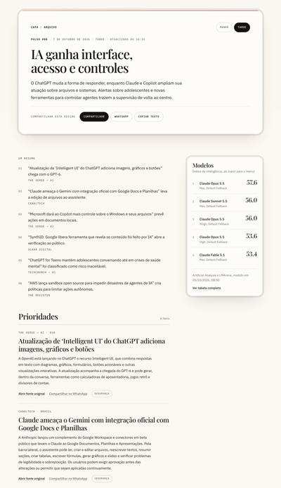 Edição do Pulso com o resumo em tópicos, a seção Prioridades e o veículo e a região de cada item
